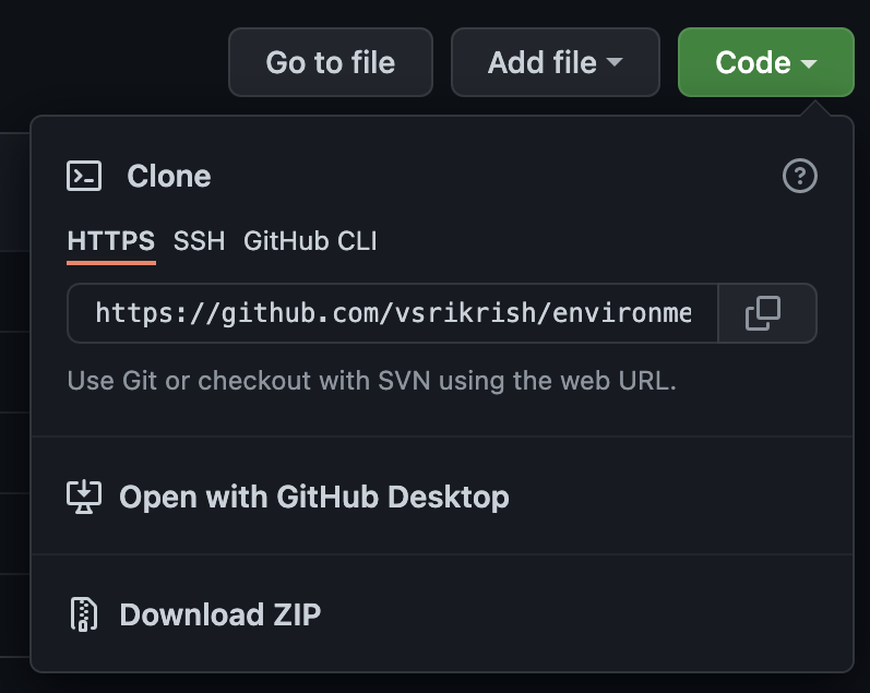 Results of clicking "Code" on GitHub